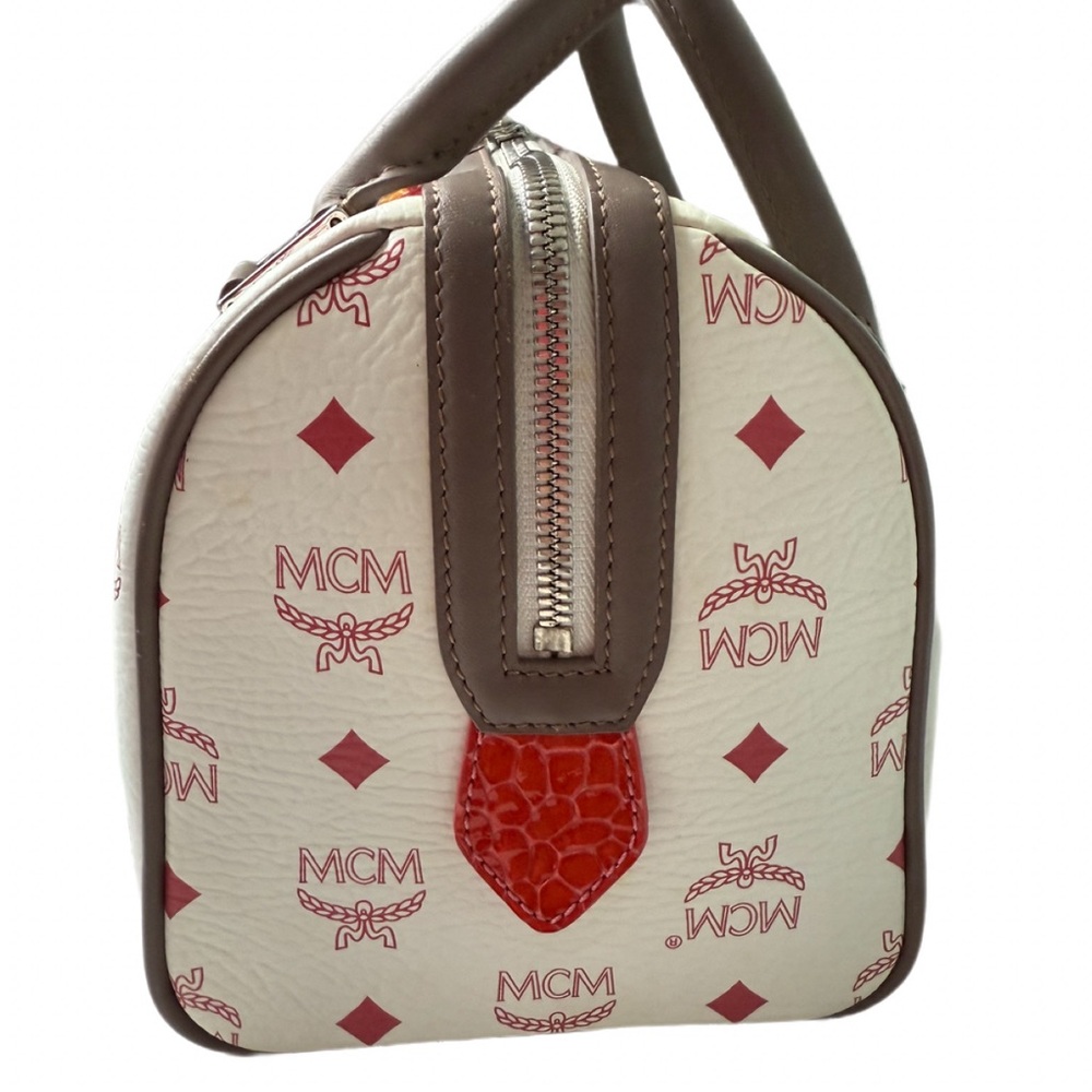 MCM Visetos Striped Munich Lion Boston Satchel White - Picture 3 of 7